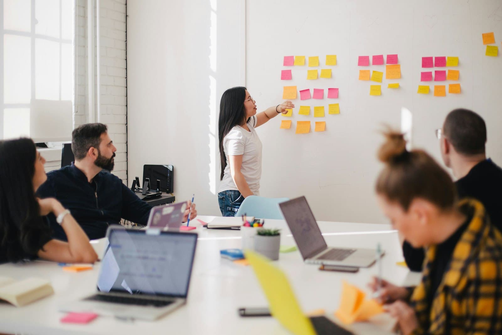 Team workshop with sticky notes on a whiteboard